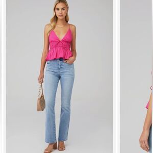 Sim & Sam V-neck Plunge Shoulder Tie Ruffle Crop Cotton Cami Babydoll Tank